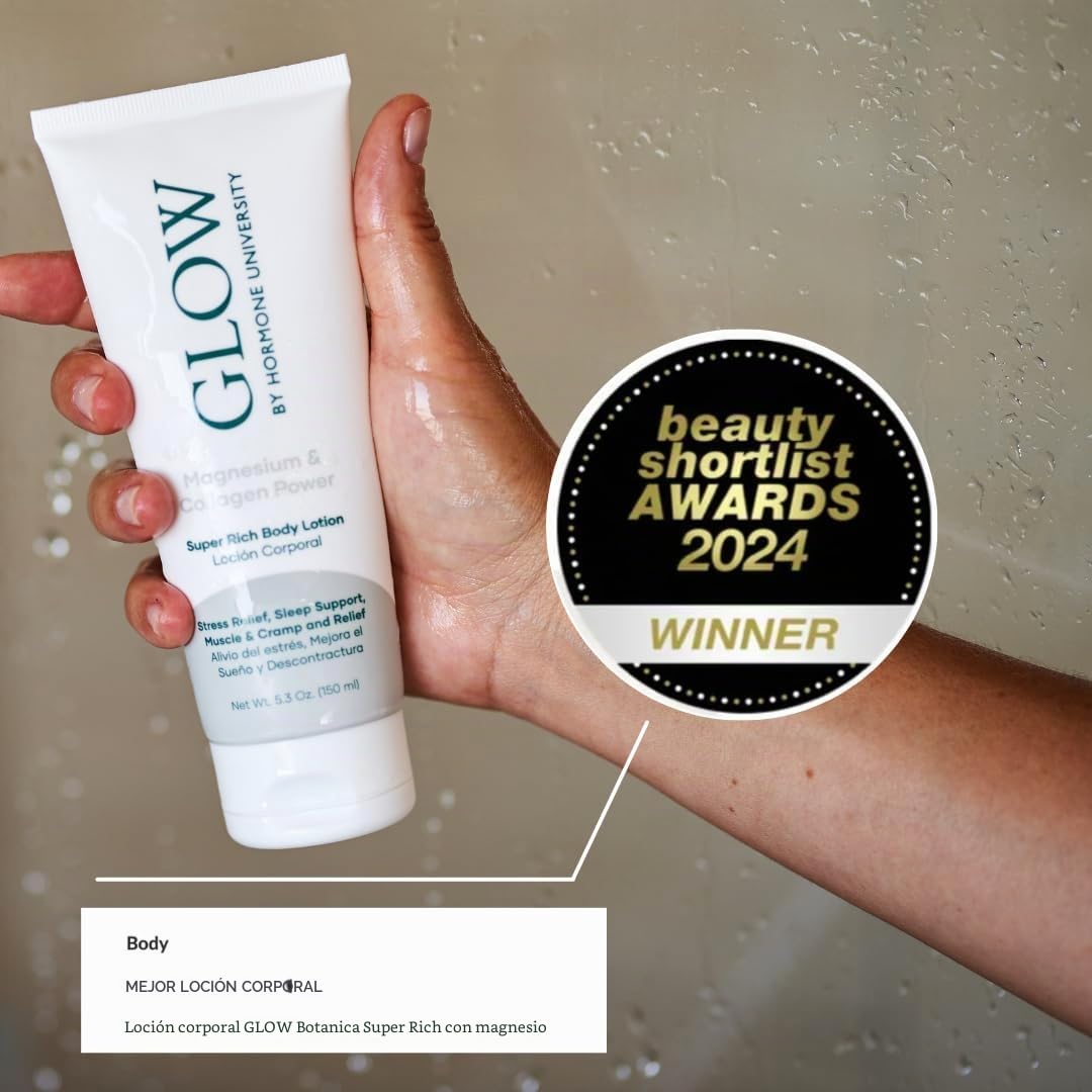Glow by Hormone University Loción Corporal de Magnesio con Colágeno | Rutina antes de dormir, Concentración más alta de cloruro de magnesio, Cloruro de magnesio genuino Zechstein