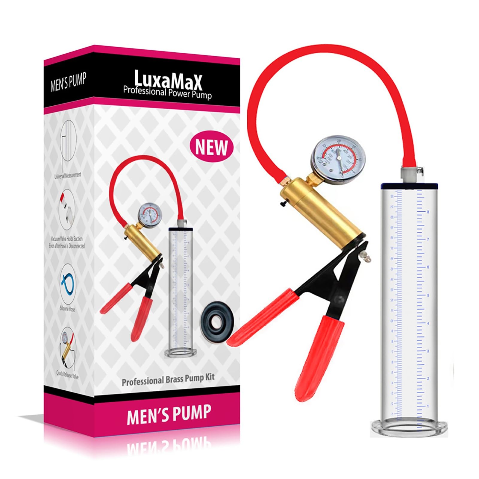 Pompa for pene con manometro a vuoto, manico rosso, pompa manuale for pene uomo, ingrandimento, ingrandimento del con 12 misure for uomo(9 * 1.75in/23 * 4.4cm)