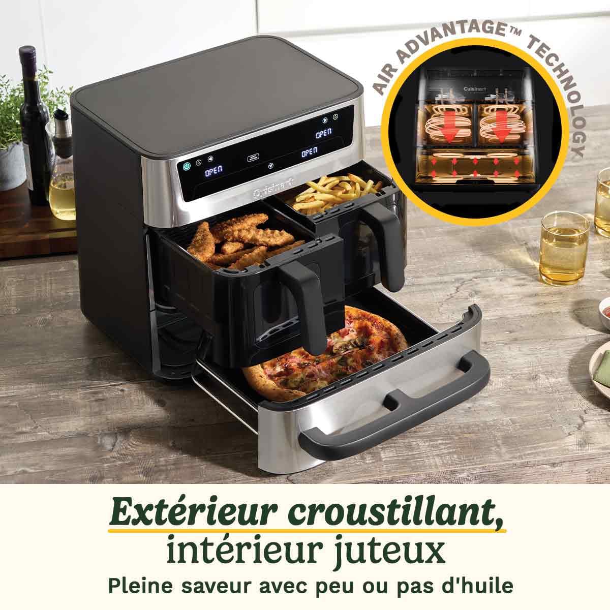 Cuisinart Tri Zone Air fryer et Four 13,6 L sans PFAS, 3 zones, 2 paniers 4,3L + four 5L, 9 fonctions : airfryer, rôtir, griller, cuire, réchauffer, déshydrater, pizza, toast, manuel, Acier inoxydable