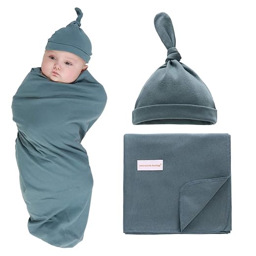 100 Cotton Knitted Baby Swaddle Blanket with Hat Set, 35