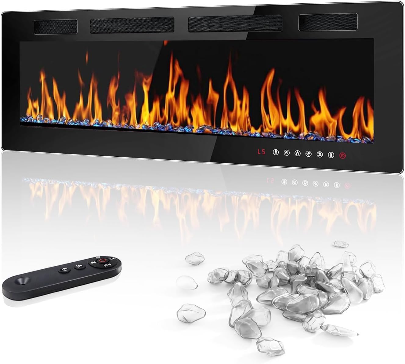 LEMBERI 50 inch Electric Fireplace Recessed and Wall Mounted,750/1500W Heater and Linear Fireplace with Touch Screen Control Panel, Timer,Remote Control,Adjustable Flame Color and Speed