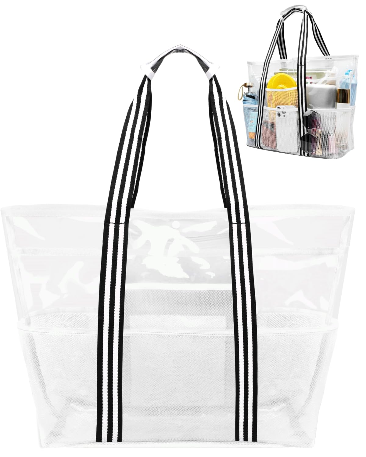 Maffuno Extra Large Clear Tote Bag: Plastic Waterproof Mesh Beach Tote Bag for Pool Vacation Camping Cruise Essentials Gifts