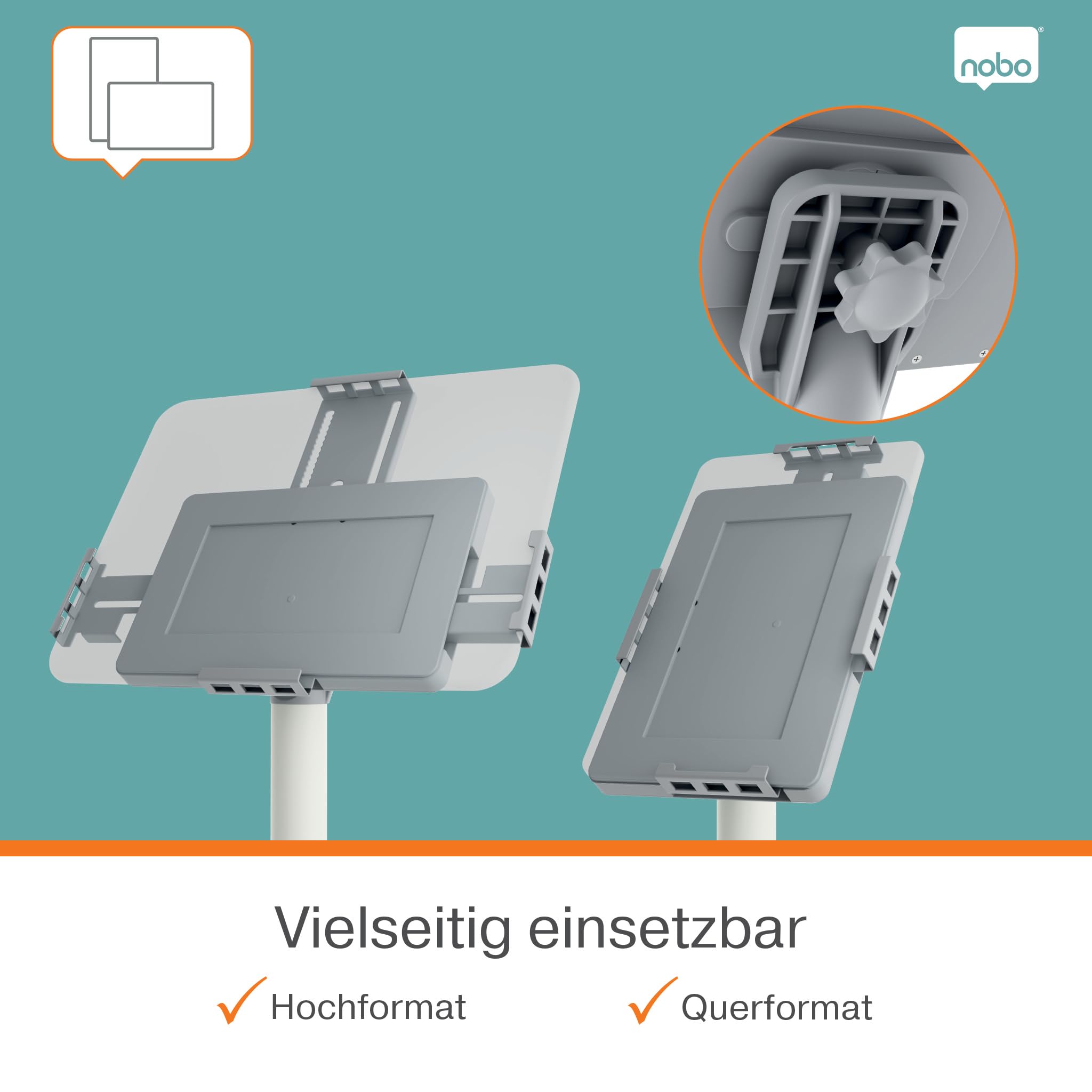Nobo Impression Pro Tablet-Bodenständer, höhenverstellbar & abschließbar | Für Tablets 9"-12,9", Höhe 690-1190 mm, drehbar, Kabelmanagement, Diebstahlschutz, Empfang, Shop, Messe, weiß