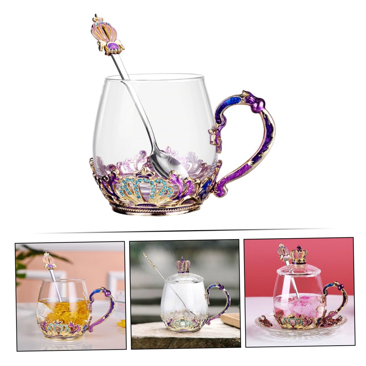 MAGICLULU Taza para Té de Vidrio con Diseño Ergonómico y Resistente al Calor, Incluye Cuchara, Estilo Único, Adecuado para Infusiones y Bebidas Calientes Color Aleatorio