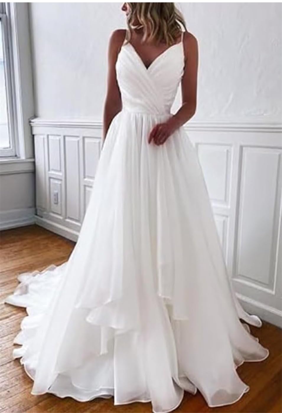 YIANN Robe de mariée en tulle pour femme - Sans manches - Longue robe de mariée plissée à bretelles spaghetti - Robe de fête de fiançailles