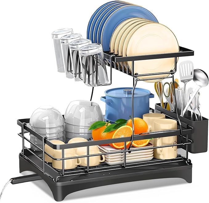 Dish Drying Rack Durable Rust-Proof Large 2 Tier Dish Racks for Kitchen Counter Stainless Steel Kitchen Dish Drying stand Detachable Capacity Dish Drainer Organizer with Cutlery & Cup Holder