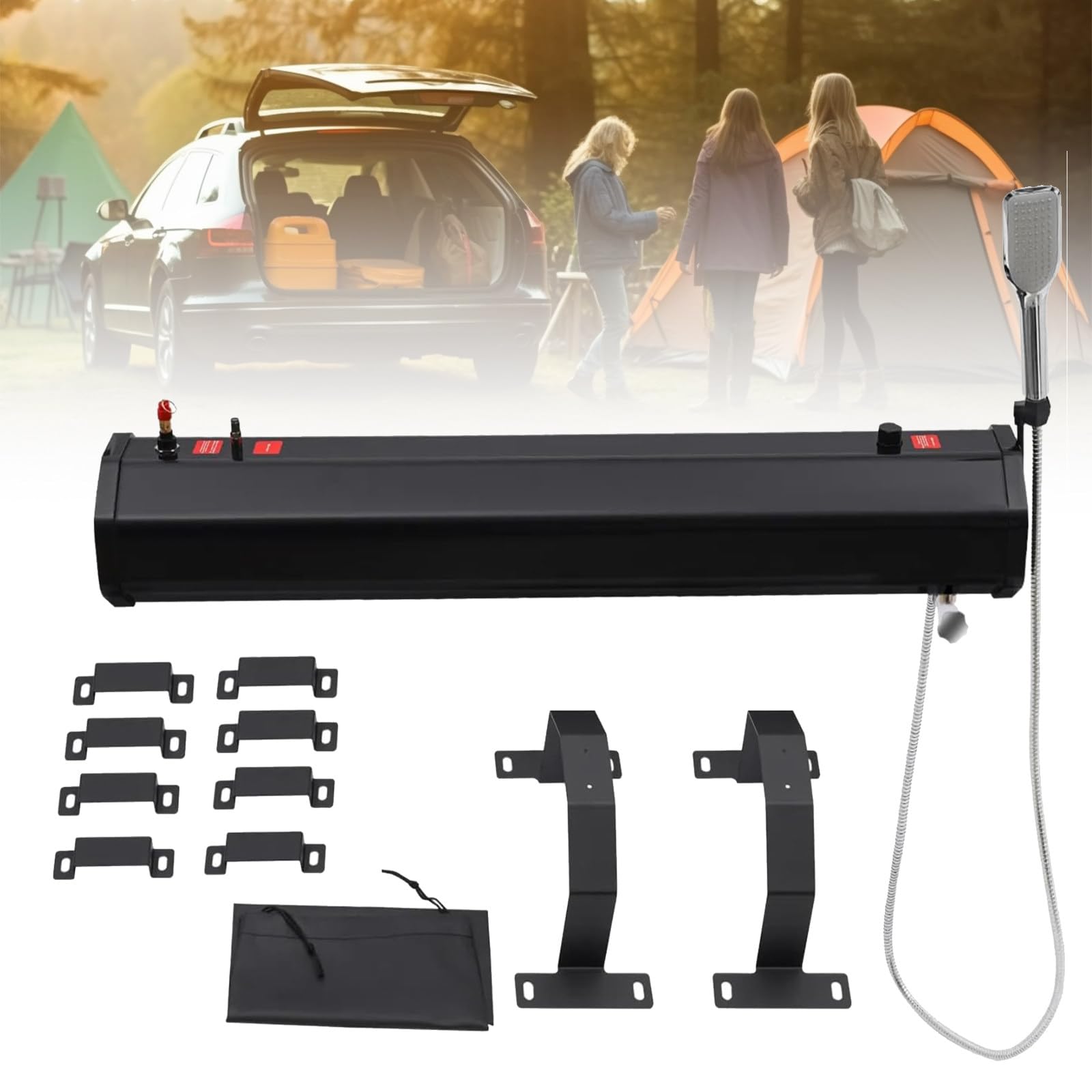 Réservoir d'eau pour galerie de Toit extérieure, Douche de Toit pour Tout-Terrain, avec Tuyau d'eau de 1,5 m et pommeau de Douche, pour SUV, Camping-Cars et véhicules Tout-Terrain 30L