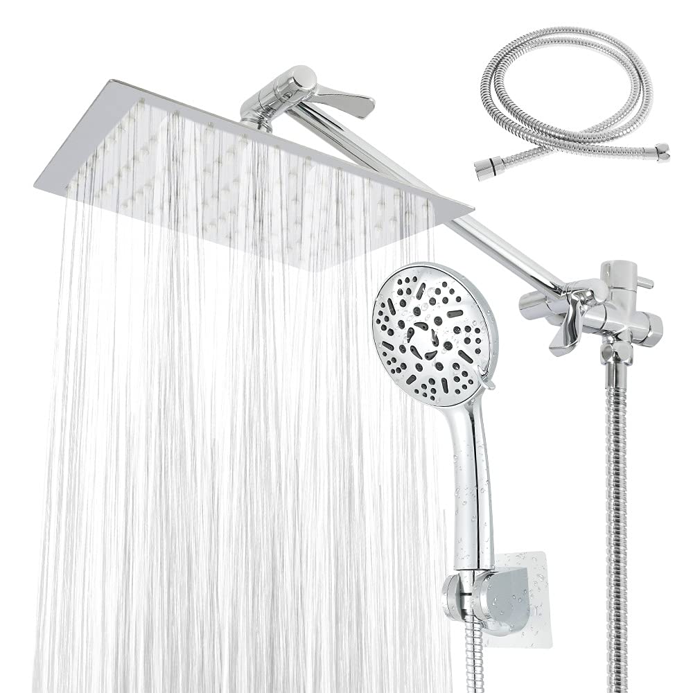 willstar Rain Shower Head with Handheld Combo, 8" High Pressure Rainfall Shower Head with 11" Extension Arm, 9 Settings Handheld Shower Heads, Holder, Pipe Sealant Tape & 5Ft Hose for Bathroom