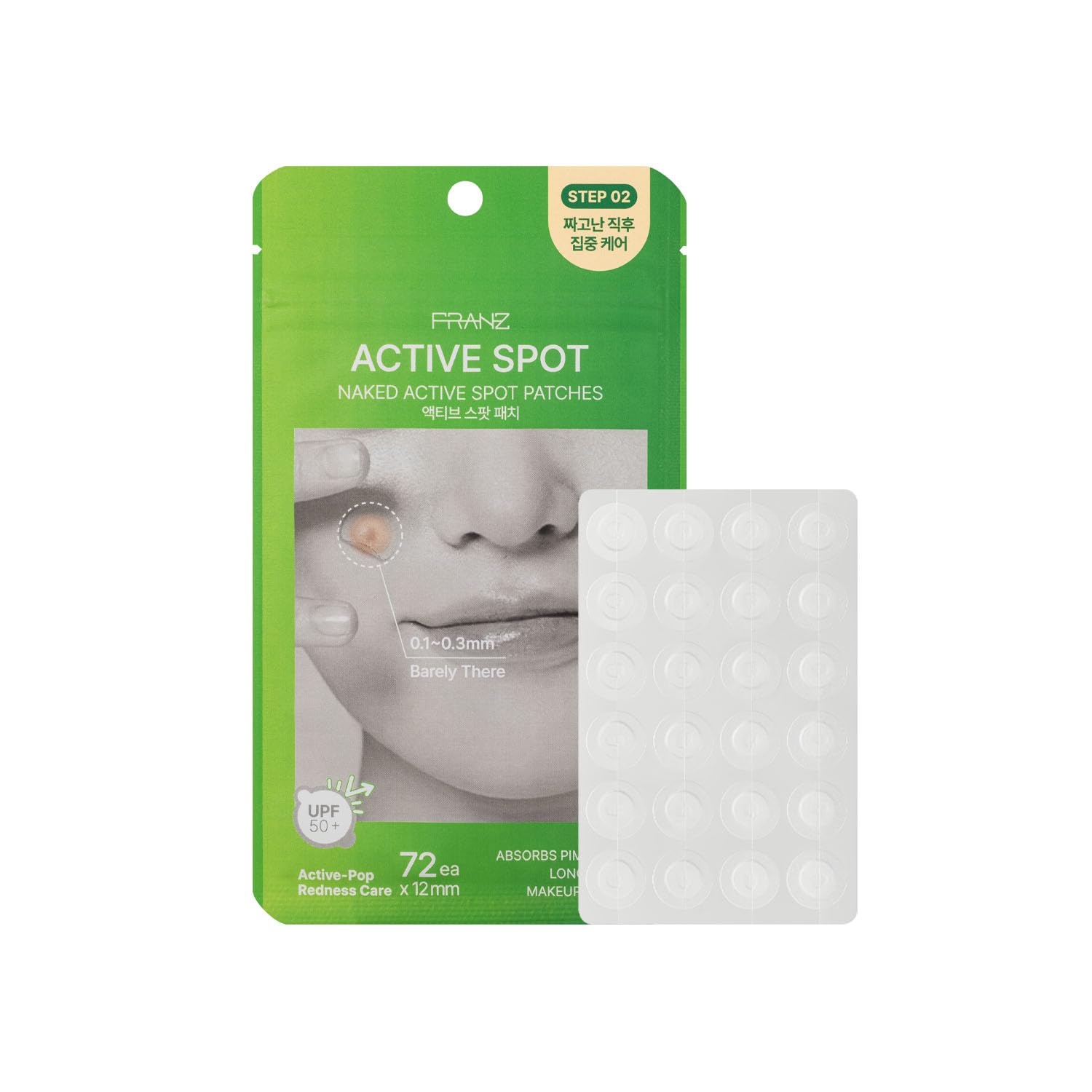 FRANZ Naked Active Spot Patches 72 Count Hydrocolloid Pimple Treatment Patch UPF 50 Powerful Sun Shield Cover Gentle