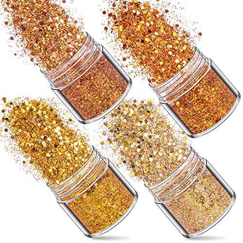 Holographic Gold Fall Chunky Fine Glitter Festival Cosmetic Chunky Glitter Nail Body Face Eyeshadow Hair Resin Glitter Gradient Sparkly Sequin Flakes Hexagon Arts and Crafts Glitter 4 Colors Total 40g