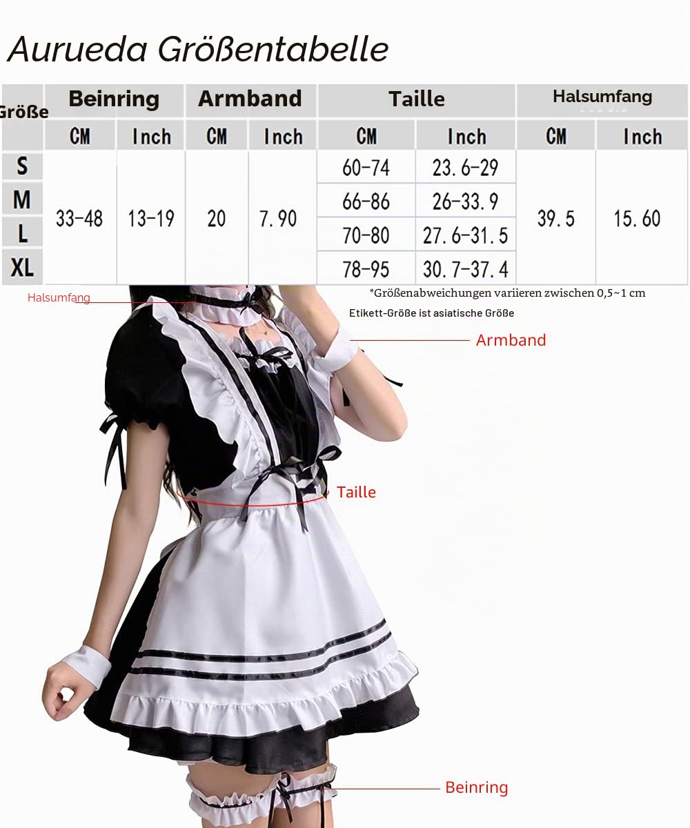 Anime French Maid Dress Niedliche Maid Cosplay Kleid für Halloween Maid Kostüm Outfit Set Schwarz, Größe L