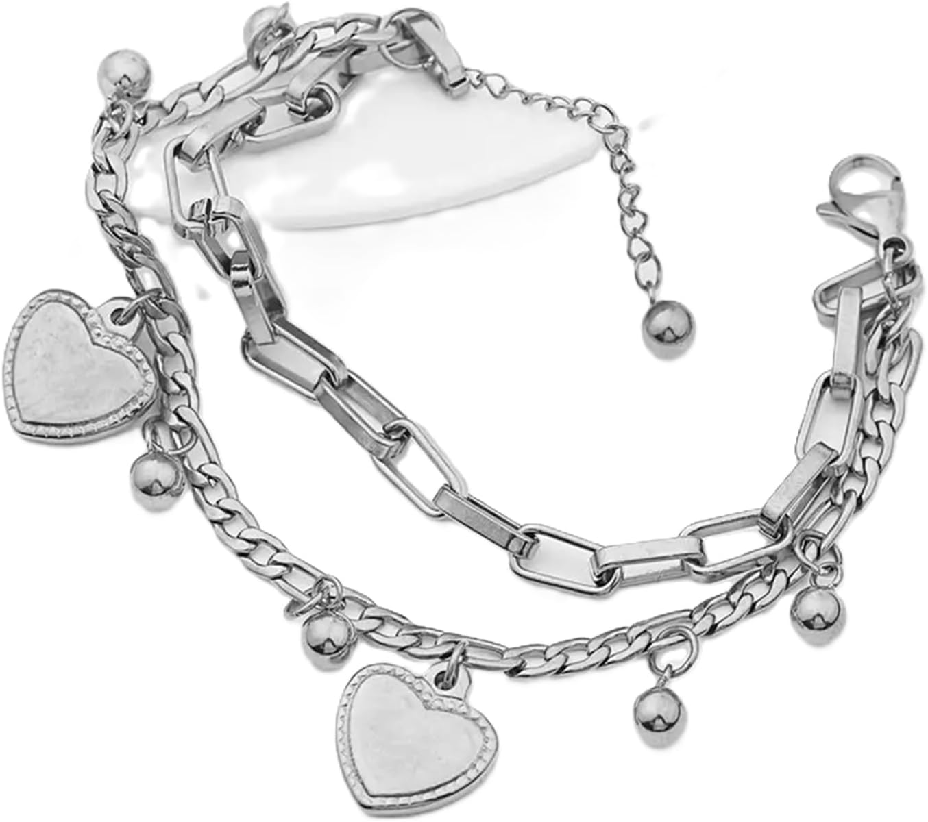 Silver Heart Charm Bracelet for Women – Layered Chain Bracelet with Dangling Heart & Bead Charms, Adjustable Stainless Steel Link Bracelet for Everyday Wear & Gifts