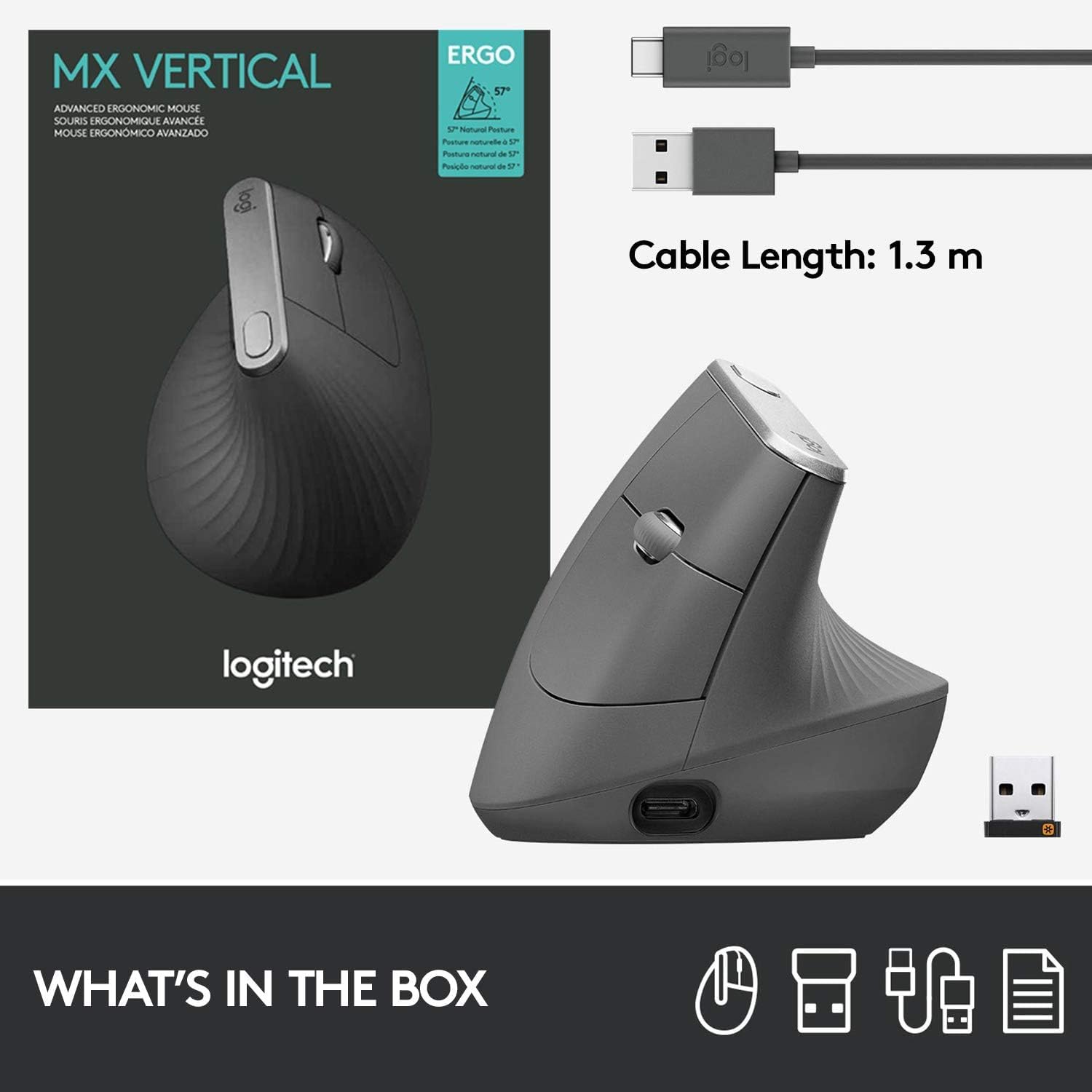 Logitech MX Vertikale kabellose Maus - Ergonomisches Design reduziert Muskelbelastung, verschiebt Inhalte zwischen 3 Windows und Apple-Computern, wiederaufladbar, Graphit