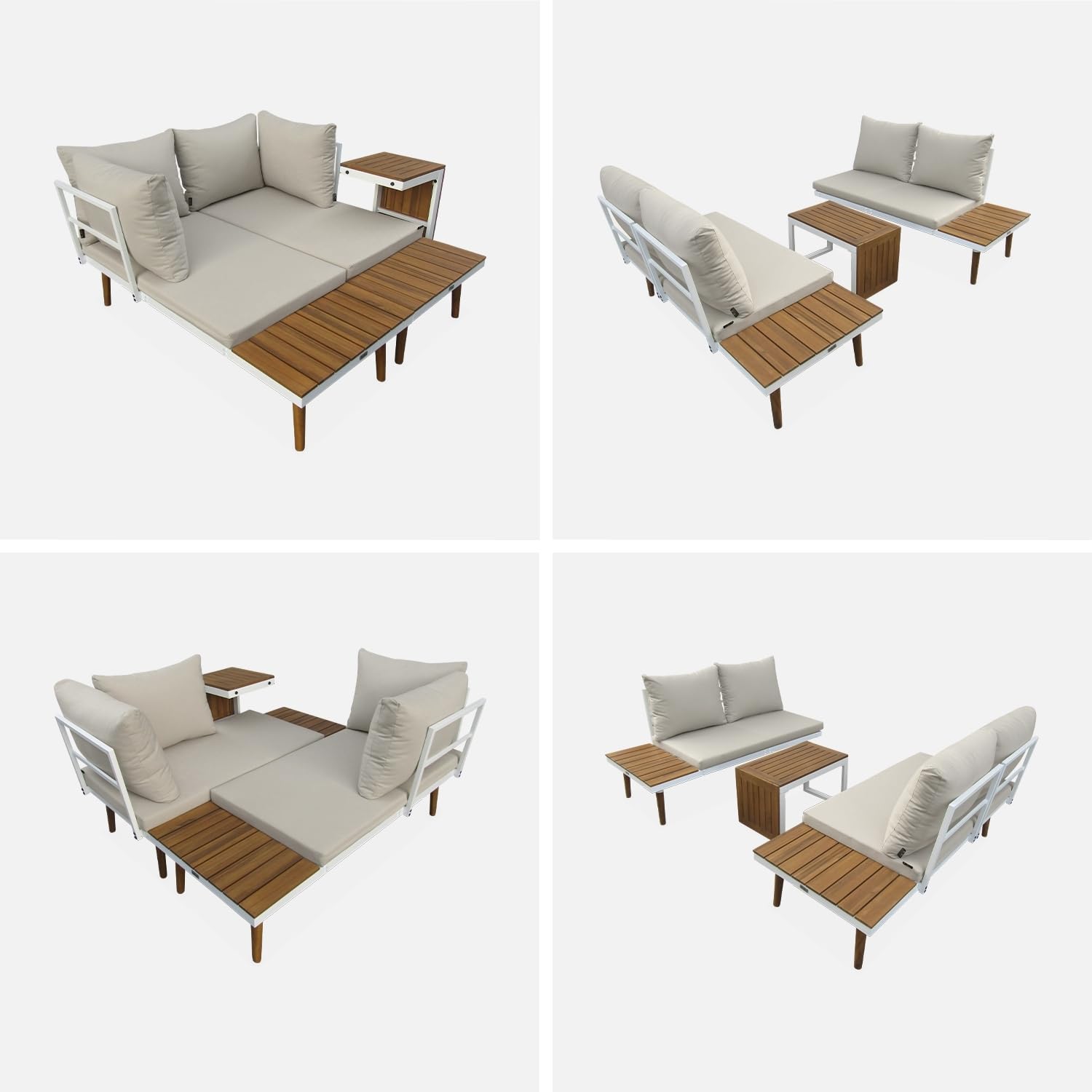 Alice's Garden - Salon de Jardin Beige et Blanc modulable en Aluminium et Bois d'acacia. 4 Places. Sao Paulo.140 x 68 x 65cm