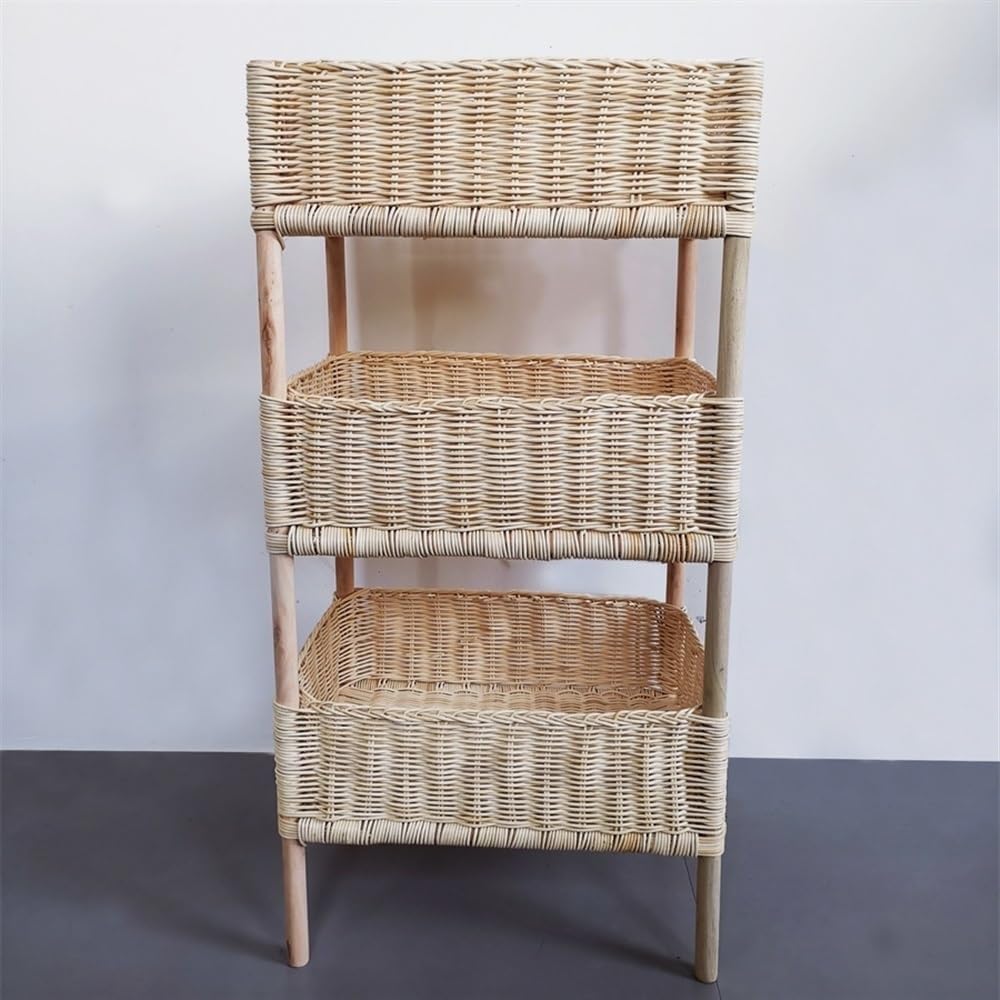 PPGE Home Hand-Woven 3-Tier Rattan Storage Rack – Stylish Vertical Basket Organizer for Living Room, Bedroom, Kitchen, and Bathroom(Size: