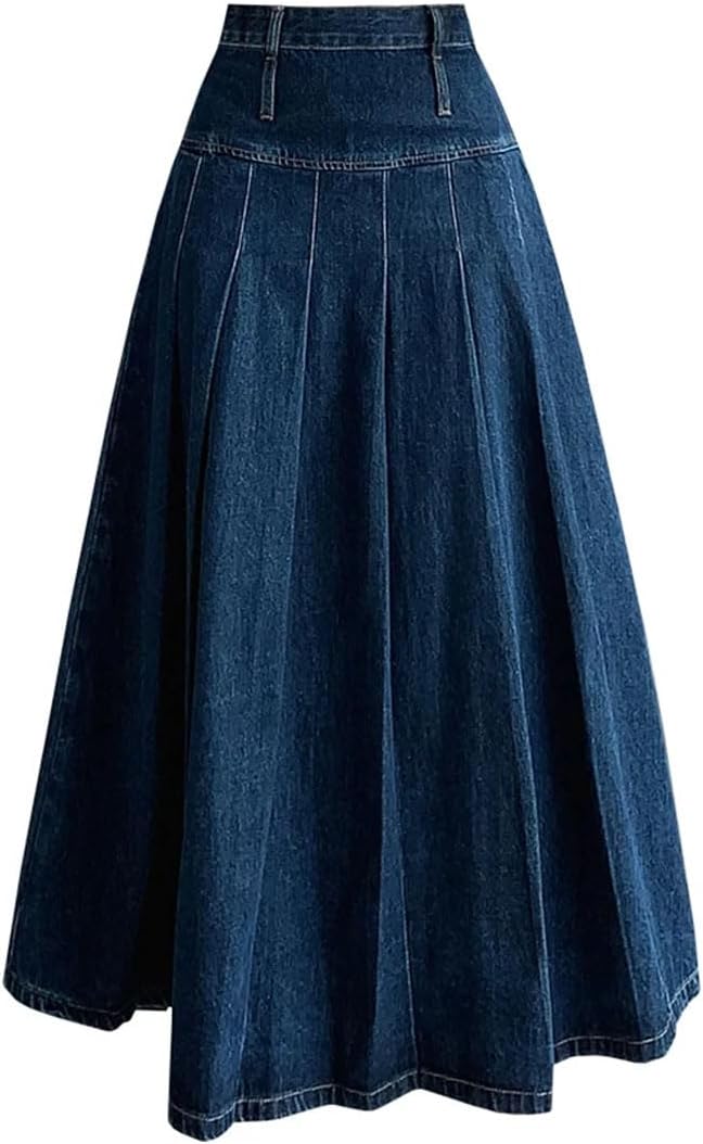 Women Vintage High Waist Pleated Denim Skirt Summer Casual A-Line Jeans Umbrella Skirt for Daily Wear