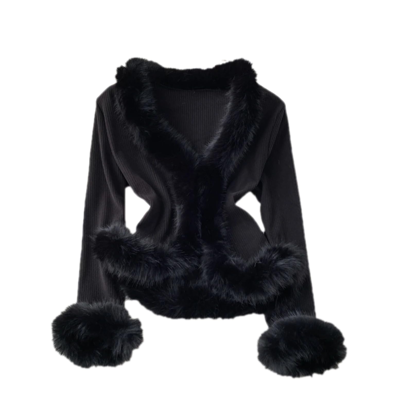 V-Neck Fluffy Patchwork Jackets Womens Y2K Grunge Slim Fit Tops Vintage Long Sleeve Cardigan Sweater