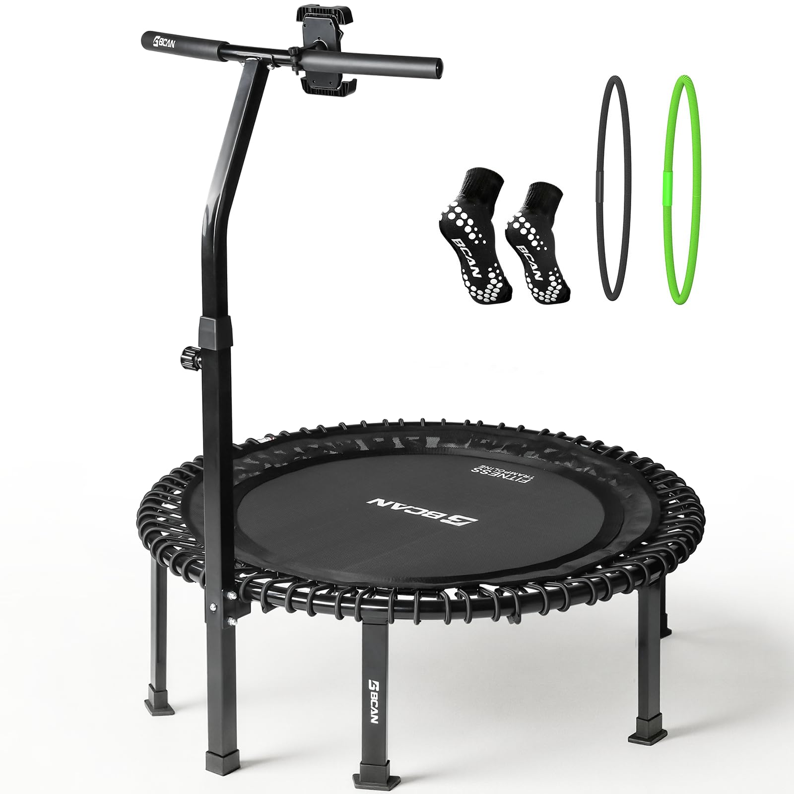 BCAN BT4 40" Soft Land Pro Adult Bungee Rebounder Trampoline, 500lb Capacity, Adjustable Tension Bungees, One-Piece Frame (16 Gauge), Quiet Indoor Cardio w/Handle, Phone Holder & 2 Pairs Socks, Black