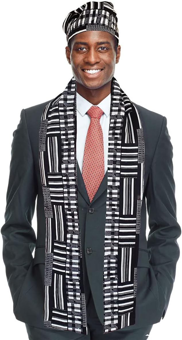Black and White Kente African Print Hat and Stole/Sash/Scarf