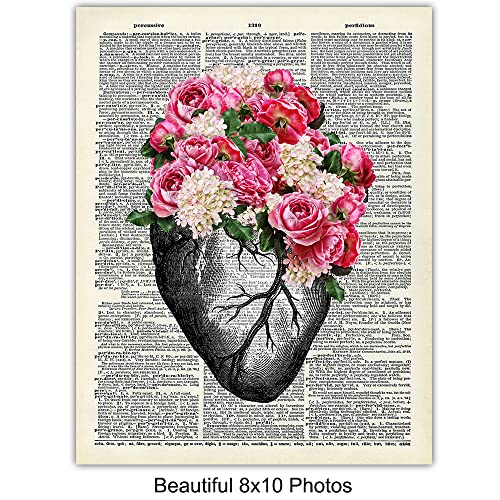 Heart Anatomy Wall Art Decor Set - Vintage Rustic Shabby Chic Floral Home Decorations For Cardiac, Coronary, Cardiology Patients, Medical Office - Gift For Doctor, Nurse Cardiologist - 8X10'S Unframed #TOP4