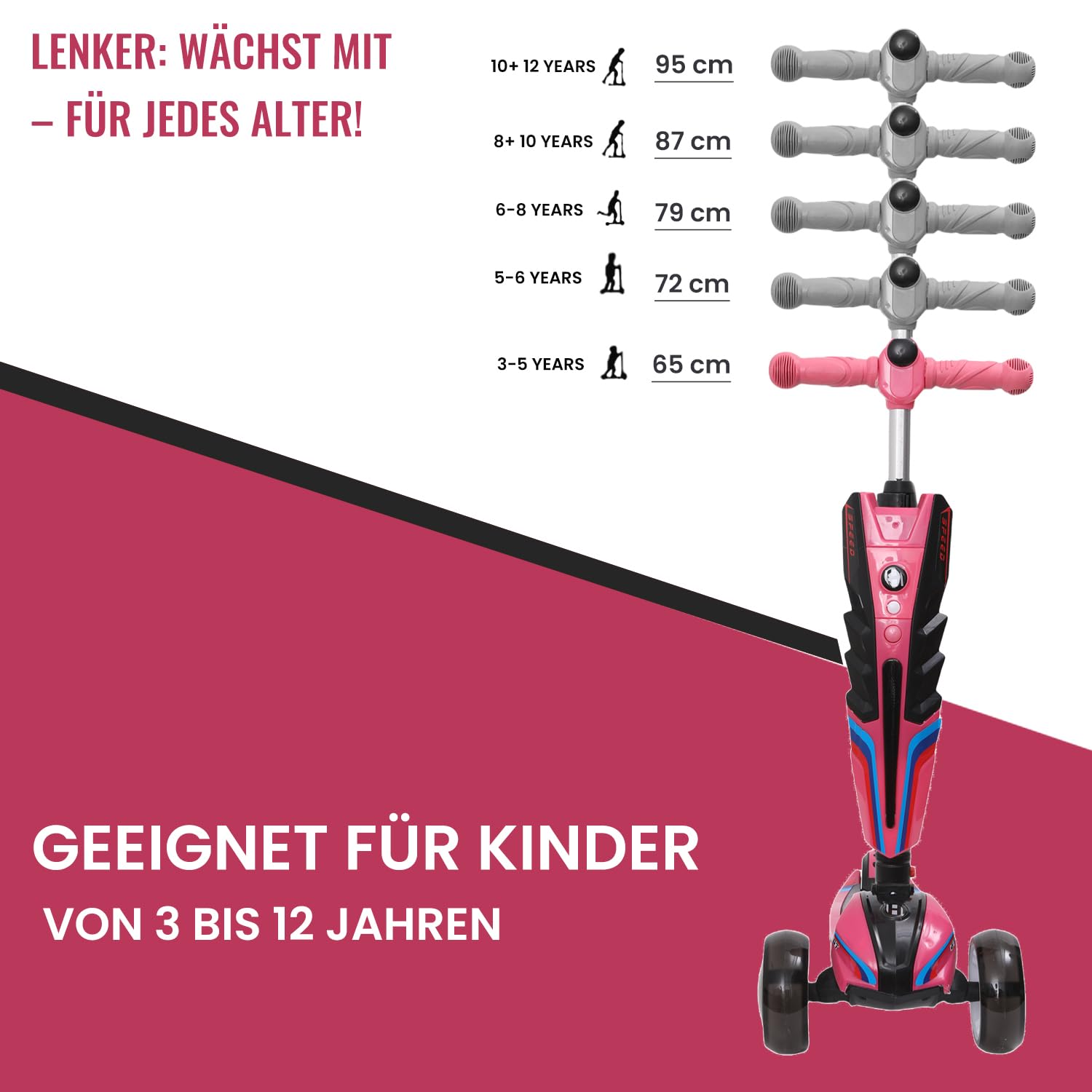 Habib - Patinete infantil con luces LED, 3 ruedas, plegable, altura regulable, para niños y niñas, 3-12 años, hasta 50 kg