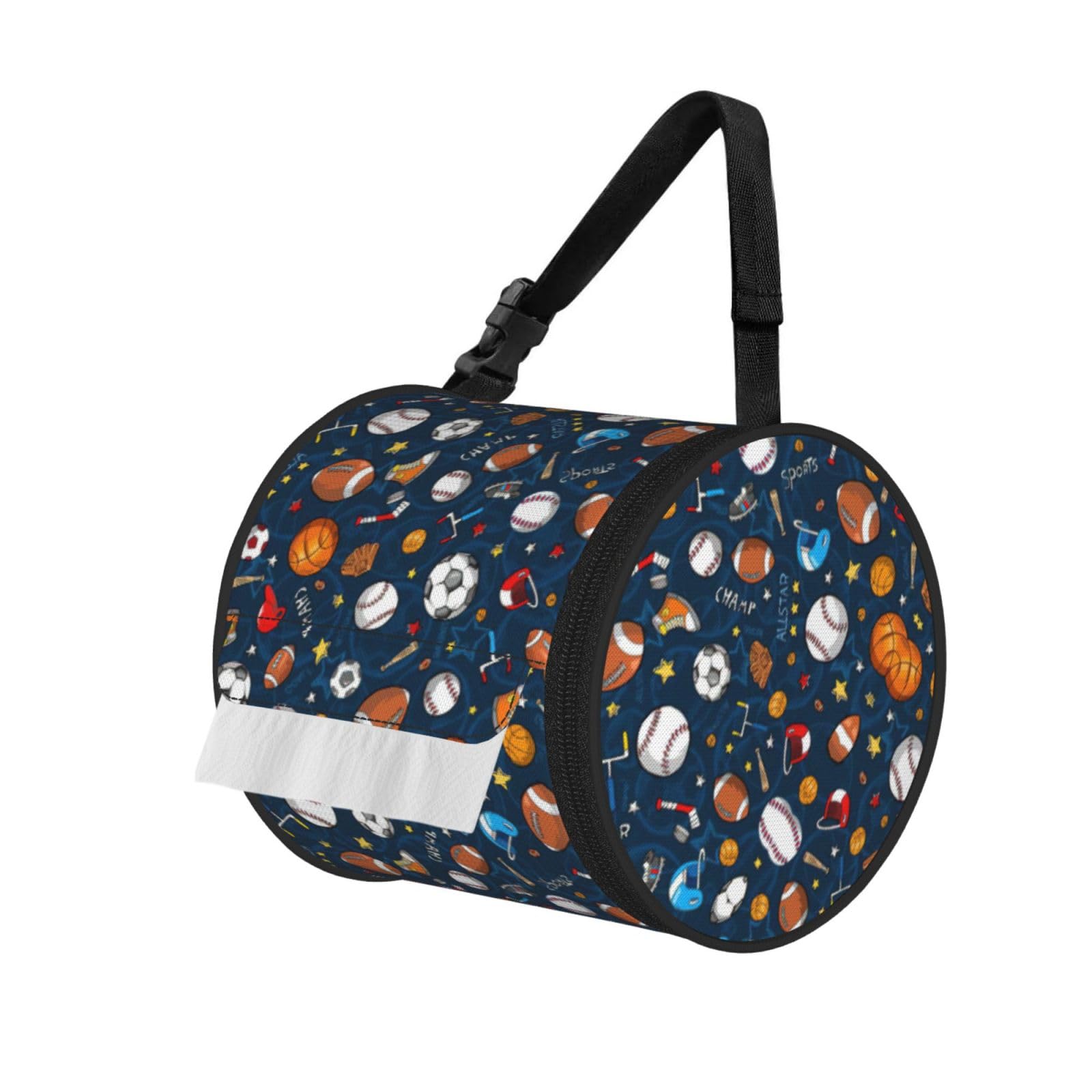 Baseball Basketball Football Hockey Printed Roll Paper Carrier Bag, Foldable Oxford Cloth Tissue Case for Camping Hiking Backpack