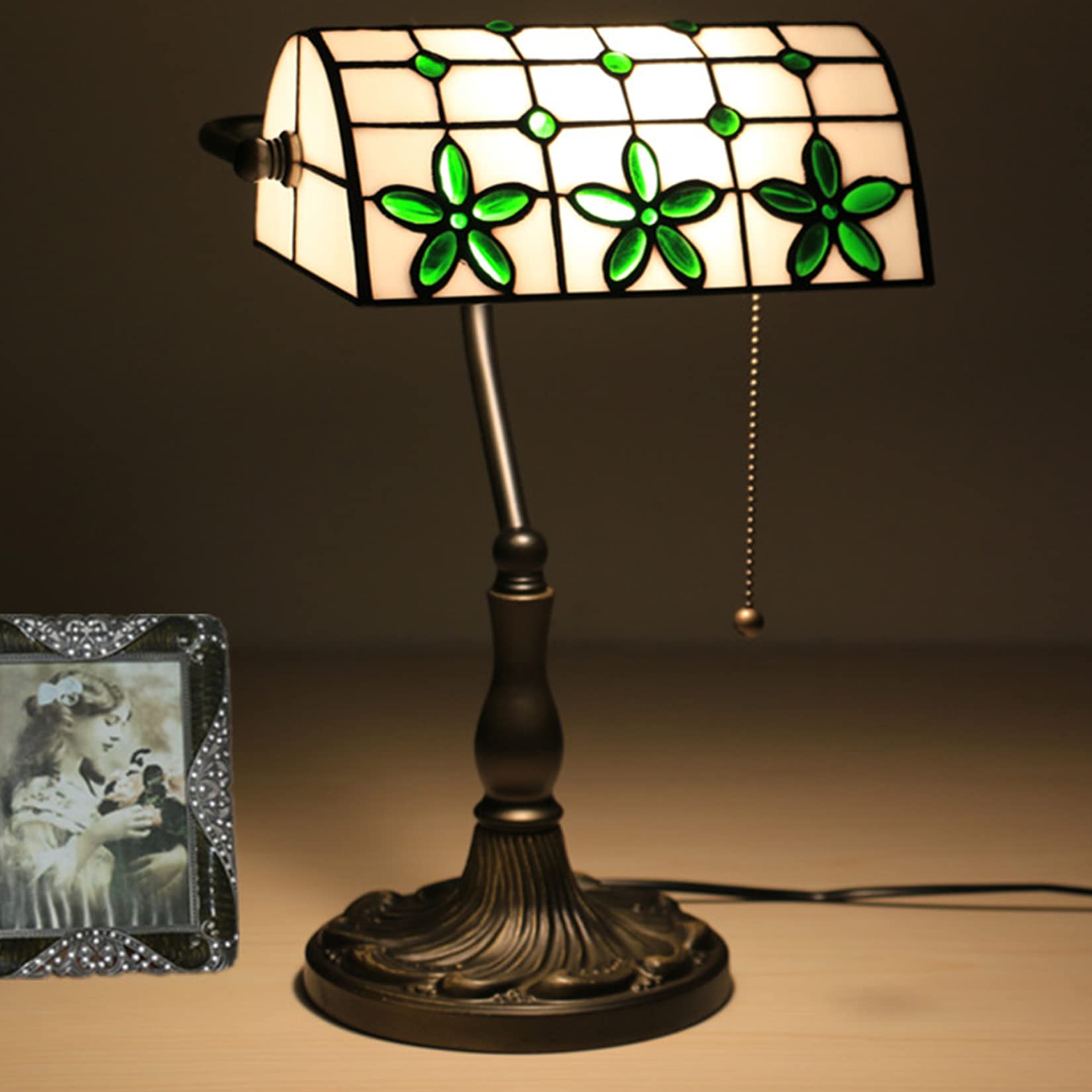 AIBOTY Banker Lamp Tiffany Desk Lamp Floral Style Lampshade Stained Glass Table Lamp Bedside Nightstand Piano Reading Lamp Work Study Desktop Light Decor Homebedroom Living Room Office,B