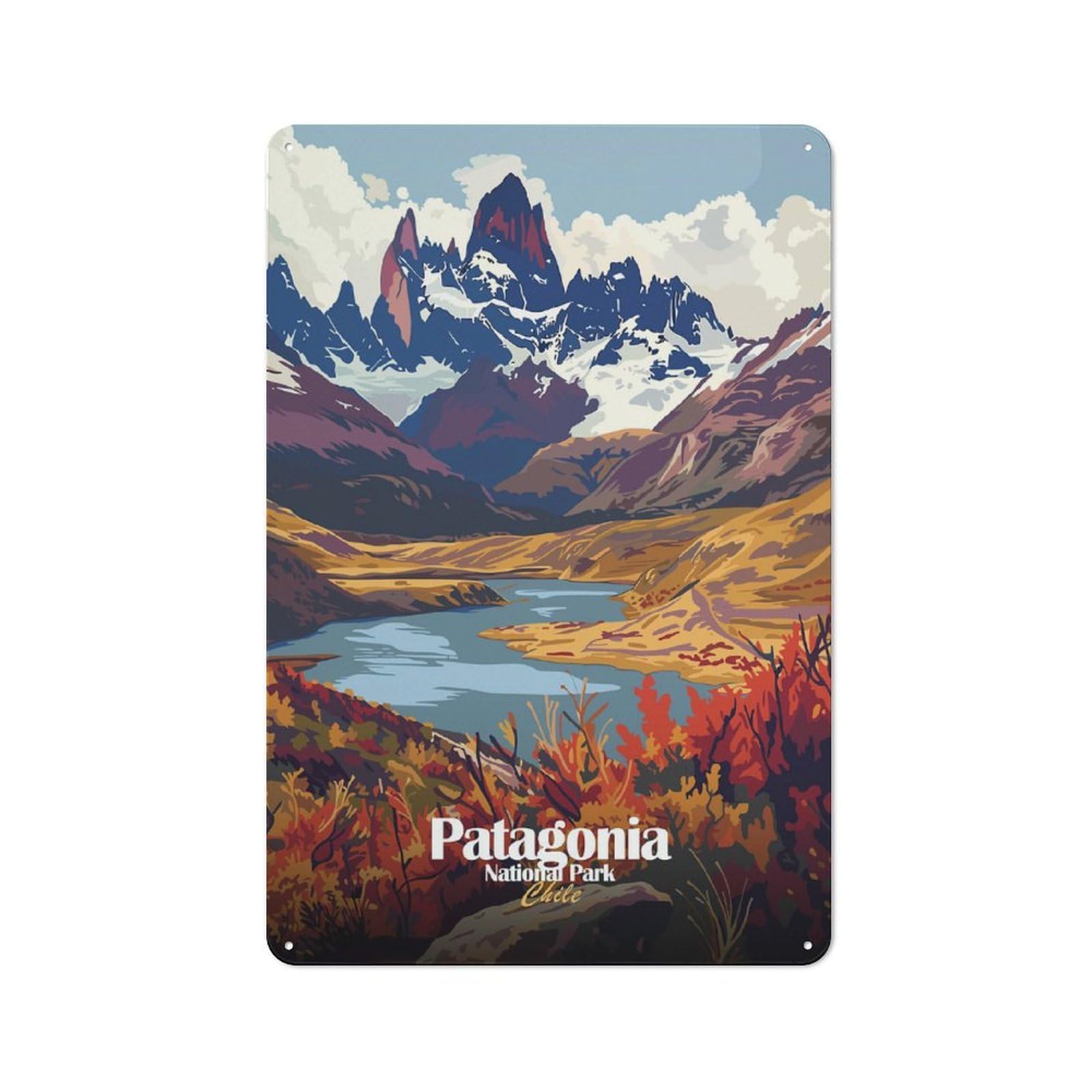 Junmoney Style-14 Country Metal Sign With Patagonia National Park Chile Landscape Design 30X20cm, Barn Style Rustic Kitchen Decor For Farmhouse Kitchen, Pantry Or Dining Area