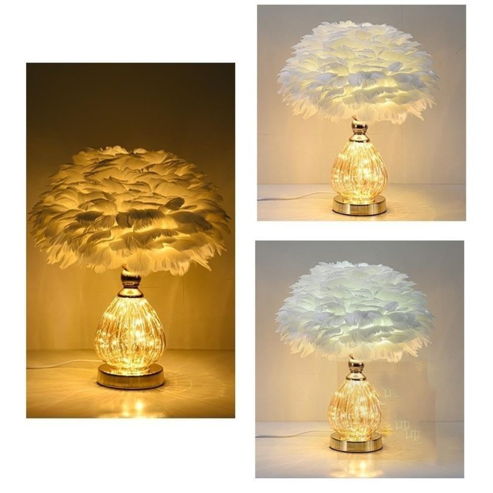 Lampada con piume, luce notturna ambientale romantica sul comodino | Paralume in piuma, base in ceramica, romantico, interruttore a pulsante, luce notturna(White)