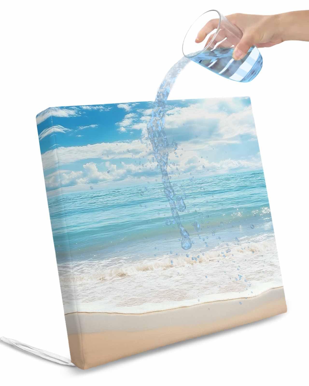 2 Pack Summer Beach Waterproof Cushion Covers with Ties, Outdoor Patio Chaise Lounge Chair Seat Cushion Slip Covers Replacement(Only Cover) Ocean Waves Coastal Blue 20