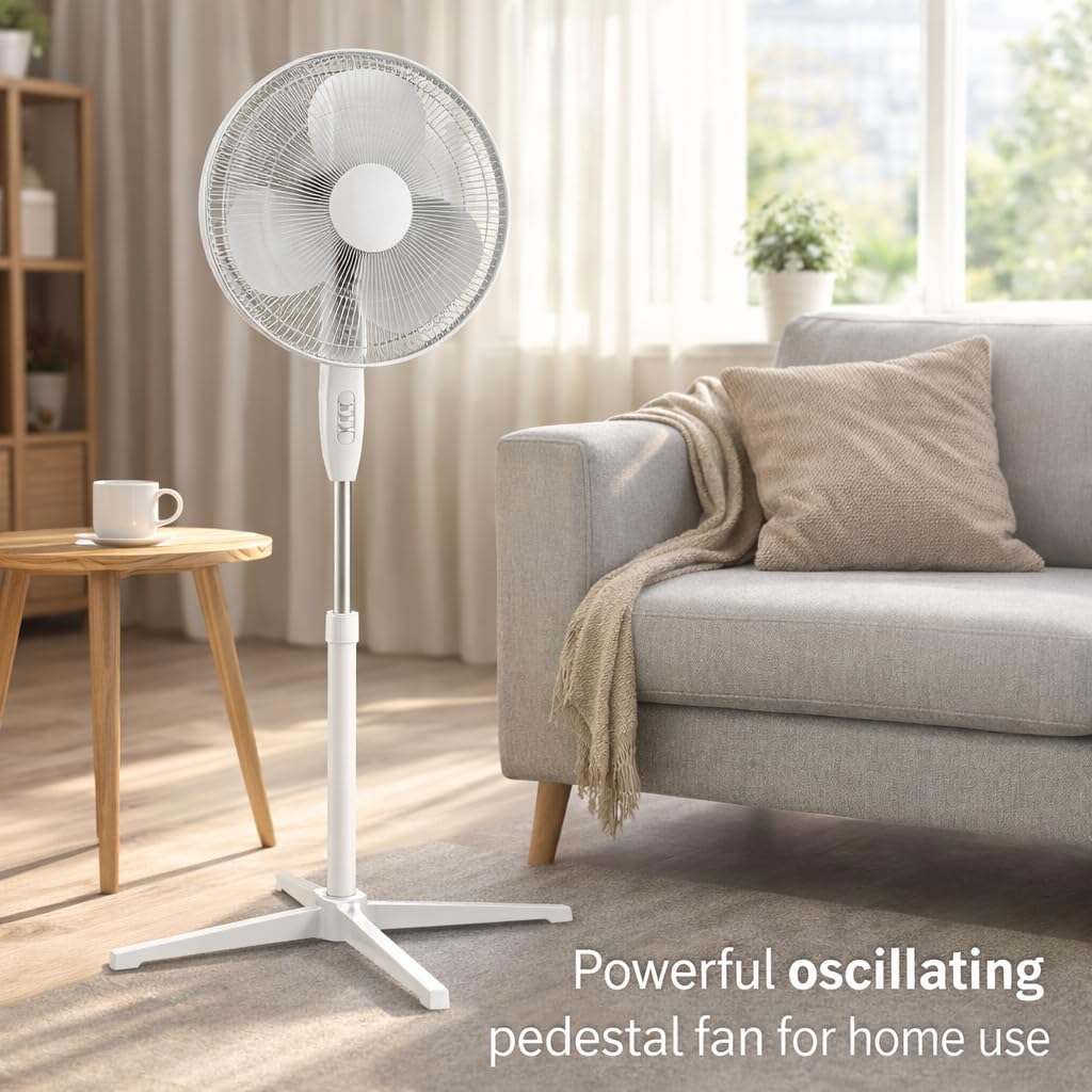 J&V TEXTILES 16 Inch Pedestal Oscillating Fan with Remote, 3 Speed Settings, Adjustable Height 41-47 Inches, Tilt Head, Timer, 60W Standing Floor Fan for Bedroom, Living Room, Office