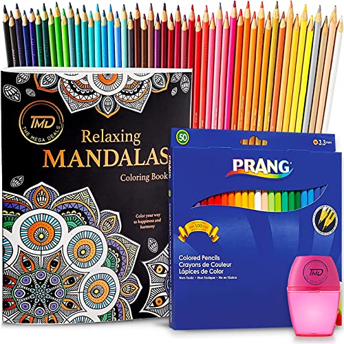 Colored Pencils With Adult Coloring Book - 50 Count Premium Artist Set for Relaxation
