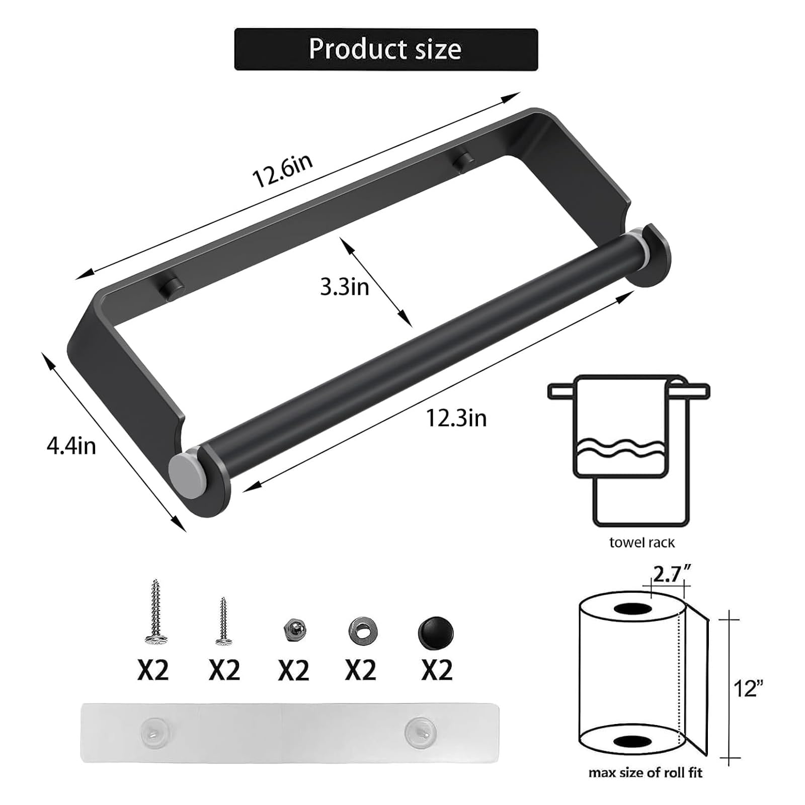 Soporte para toallas de papel para debajo del gabinete, soporte autoadhesivo para toallas de papel de montaje en pared para cocina o baño, toallero de papel (negro) 3