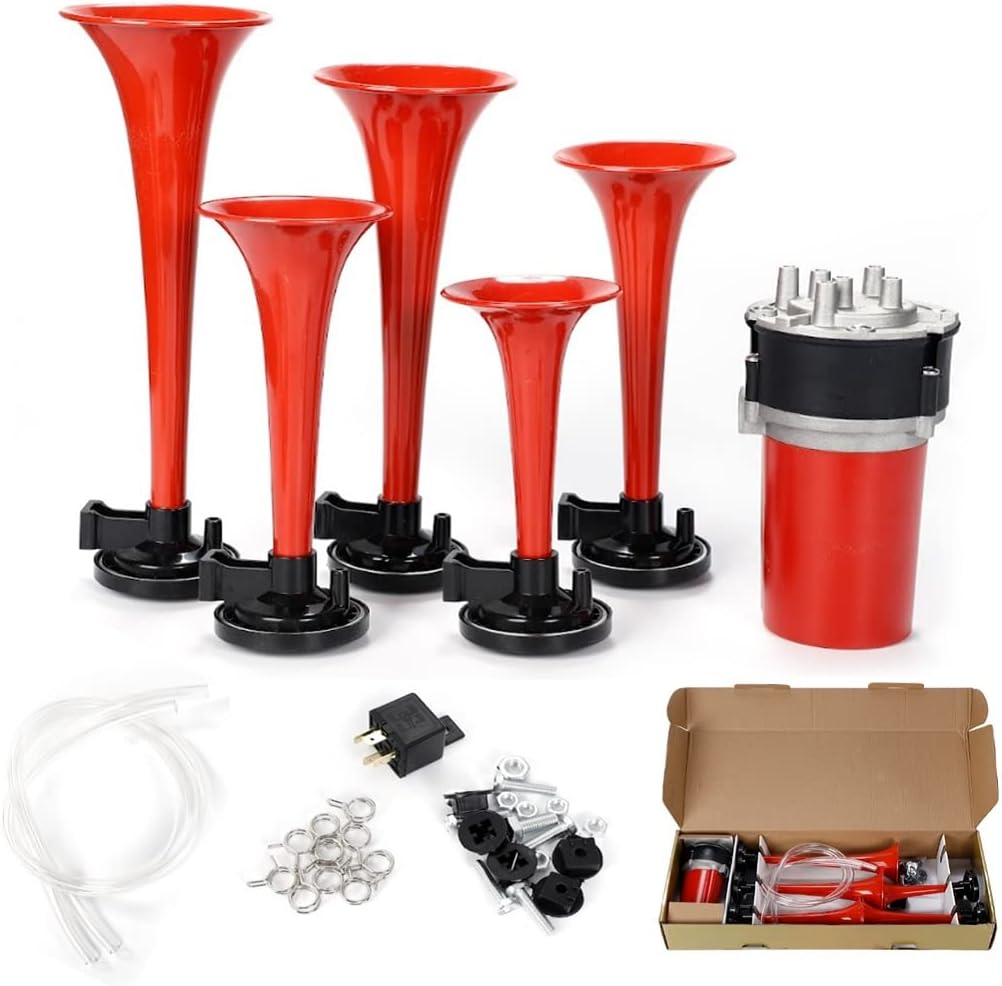 Amazon [Sharu] 5連 エアホーン ミュージックホーン ラッパ 12V ヤンキーホーン 車 バイク 赤 カスタム パーツ