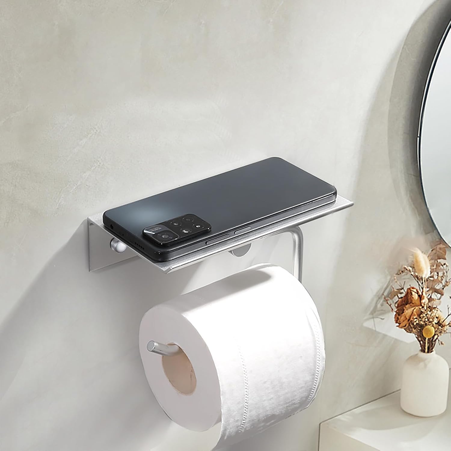 Toilet Paper Holder with Phone Shelf, Wall Mounted, Aluminum Alloy, No-Drill Bathroom Tissue Roll Holder (Silver)