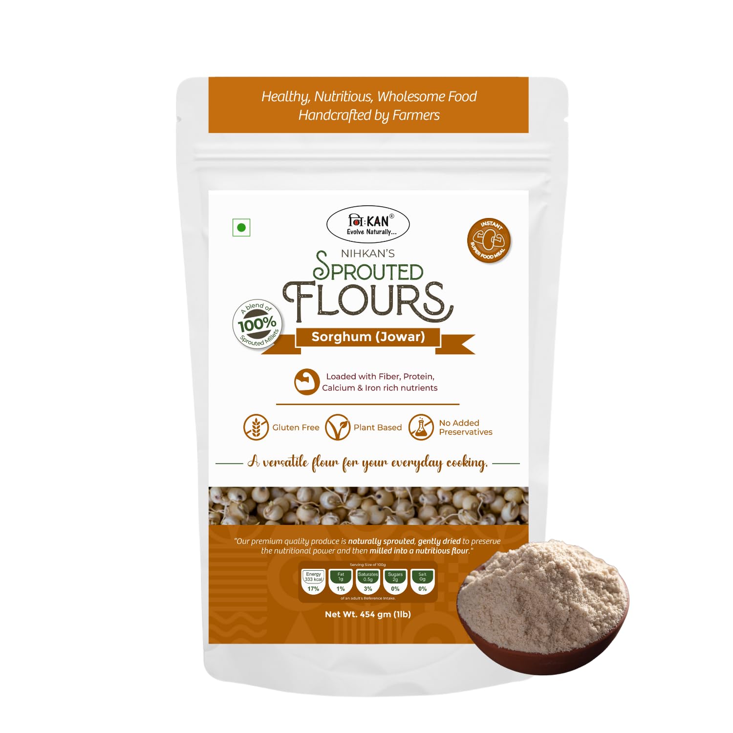 NIHKAN Sprouted Jowar Flour (Sorghum Millet flour) - 454g | Gluten free tested | Increased nutrition of Sprouted jowar grains | Easy to digest - Great for gut health | Instant flour for pancakes, cakes & breads (B0CRHNV3Q5) Amazon Price History, Amazon Price Tracker