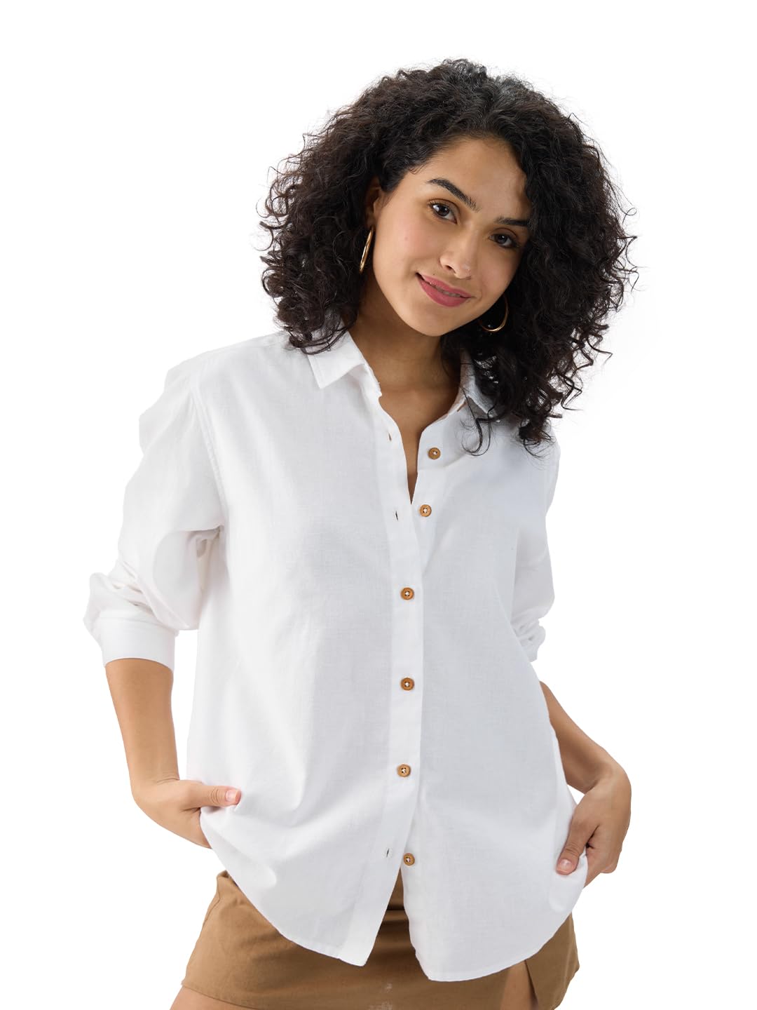 The Souled StoreCotton Linen: White Women and Girls Long Sleeves Collared Neck Button Front Solid Regular Fit Shirts