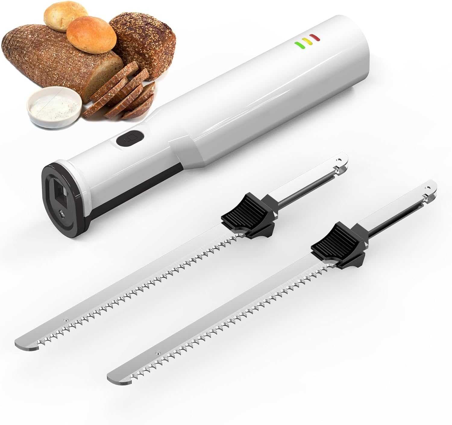 Cuchillo eléctrico inalámbrico para tallar carne con 2 cuchillas dentadas de acero inoxidable de 8 pulgadas y liberación de gatillo de bloqueo de seguridad, cuchillo para tallar eléctrico, cuchillo