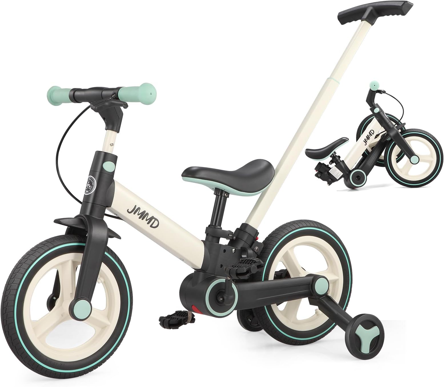 JMMD 6-in-1 Toddler Bike with Training Wheels and Pedals, 12 inch Convertible and Foldable Balance Bike & Pedal Bike with Adjustable Parent Handle, Kickstand, Brakes for kids, Age 18 Months-5 Years