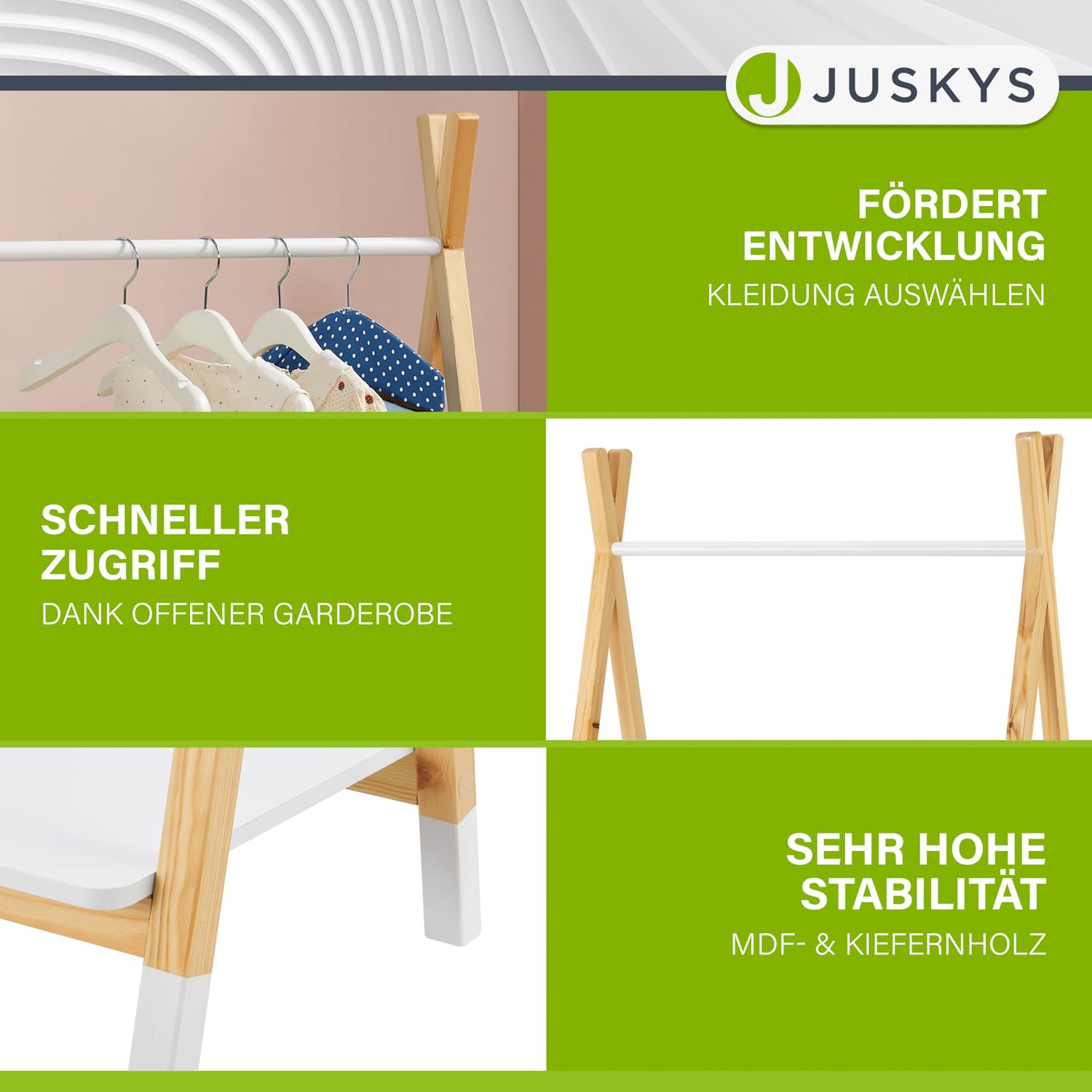 Juskys Kinder Kleiderständer Heidy mit Ablage & Kleiderstange - Holz Kindergarderobe modern, offen & freistehend - Kinderzimmer Garderobe Weiß