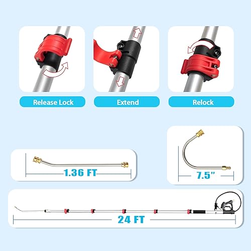 Miniatura 3 de Varita de extensión para lavadora a presión de 24 pies de 24 pies con cepillo, extensión telescópica para lavadora eléctrica, lanza de