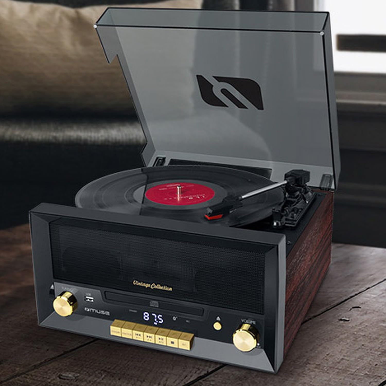 Système Chaîne HiFi - Muse MT-112W - CD 20W Vintage avec Platine Vinyle - CD/FM/USB/AUX - 33/45/78 Tours - Lumière OVNI