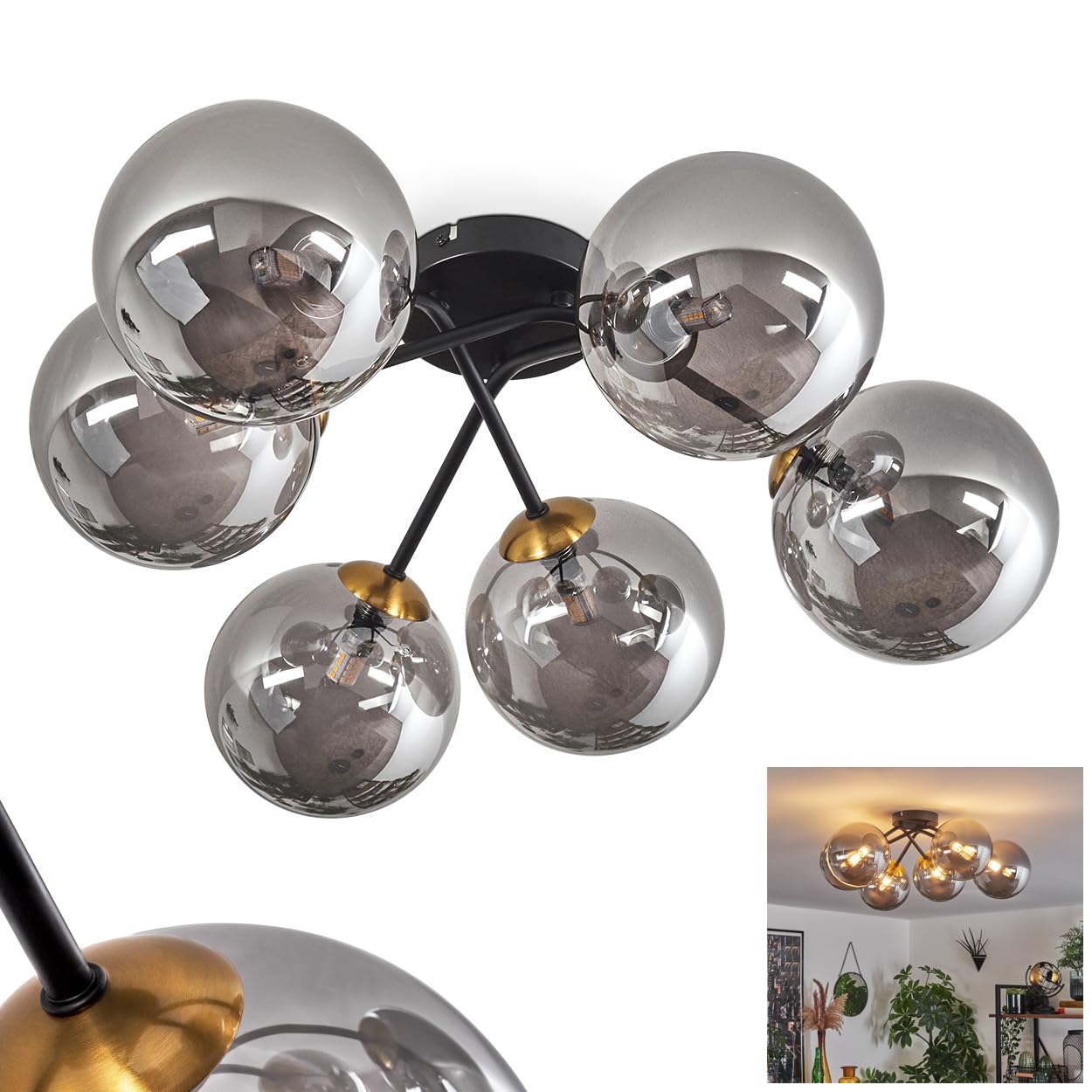 HOFSTEIN Chehalis plafoniera, lampada da soffitto in metallo/vetro nei colori nero/oro/fumo, apparecchio dal design moderno retrò/vintage con paralumi in vetro (Ø 15 cm), 6 x G9, senza lampadine