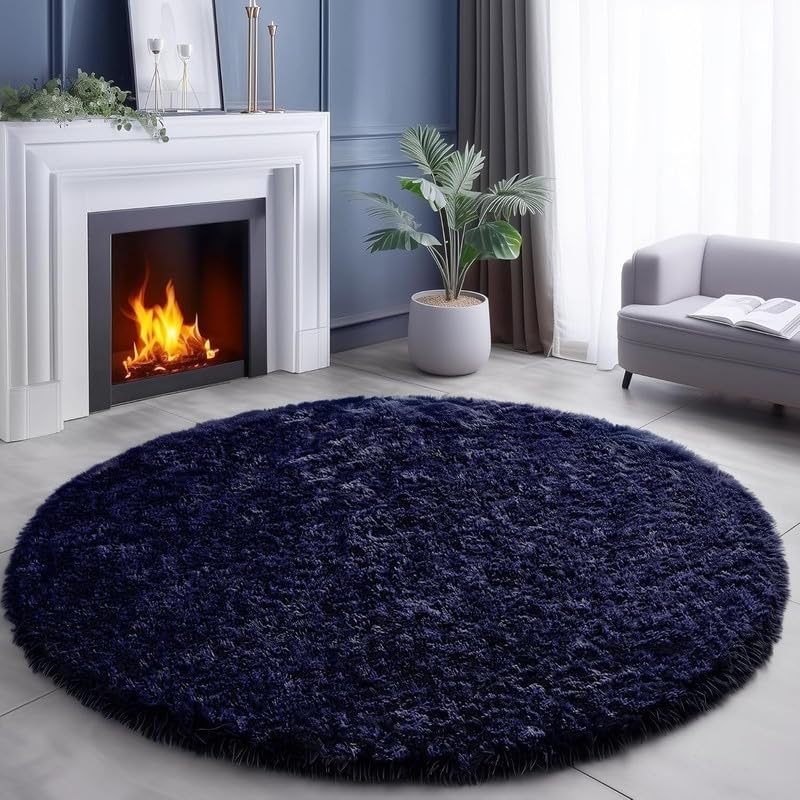 Image of Round Plain Fur Rugs for Hall and Drawing Room 7x7 Feet Modern Home Decor Handwoven Extra Comfy Premium Shag Navy Blue Color