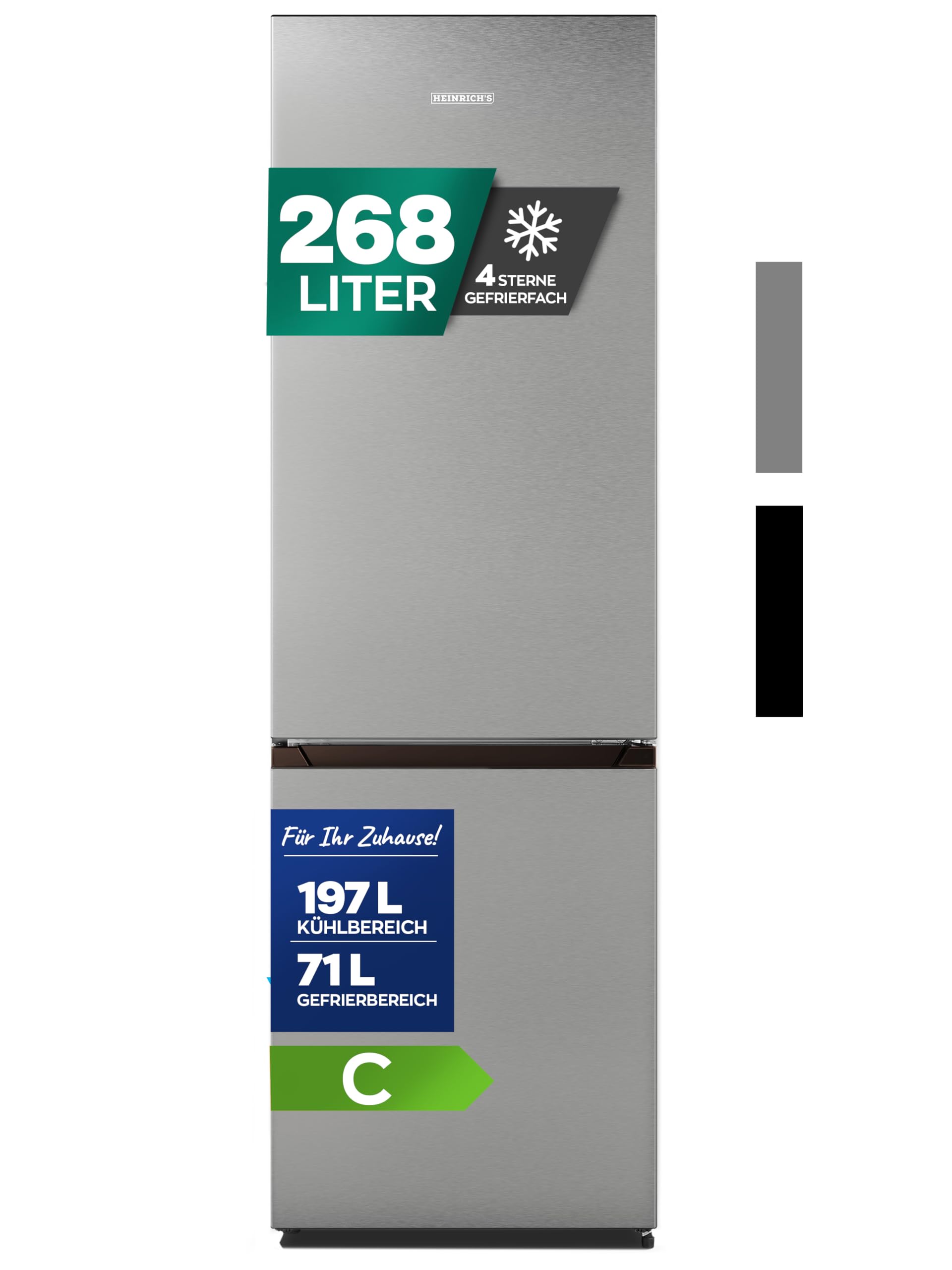 Heinrich´s Kühlgefrierkombination 268 Liter, Kühlvolumen 198L, Gefrierfach 71L,LED Beleuchtung,Kühlschrank Türanschlag wechselbar, leise 36dB,große Tiefkühlboxen, 7 Temperaturstufen, (edelstahl-inox)