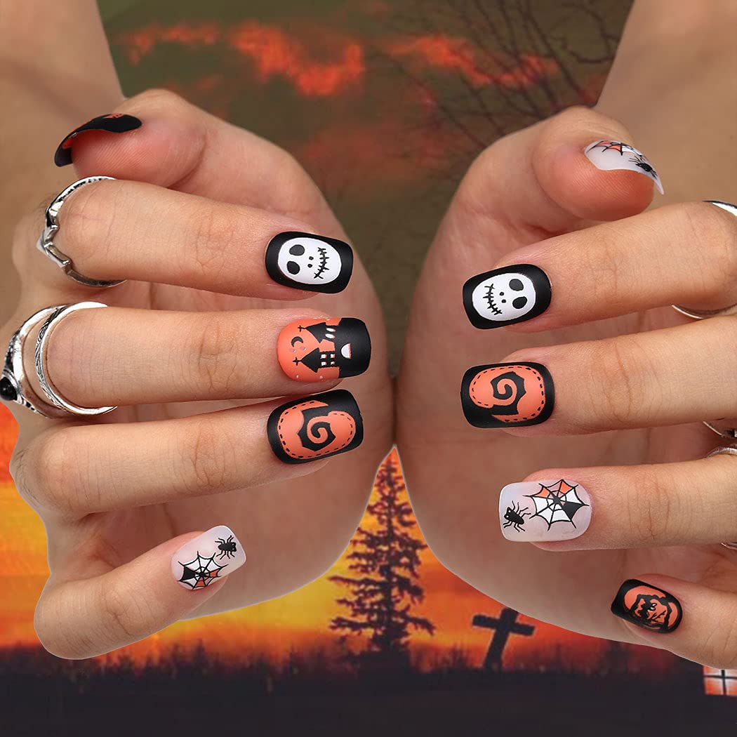 UranianSquare Press on Nails Short Black Matte Fake Nails Halloween False Nails Spider Full Cover Acrylic Nails Orange Stick on Nails for Women and Girls 24pcs (Pattern-A)