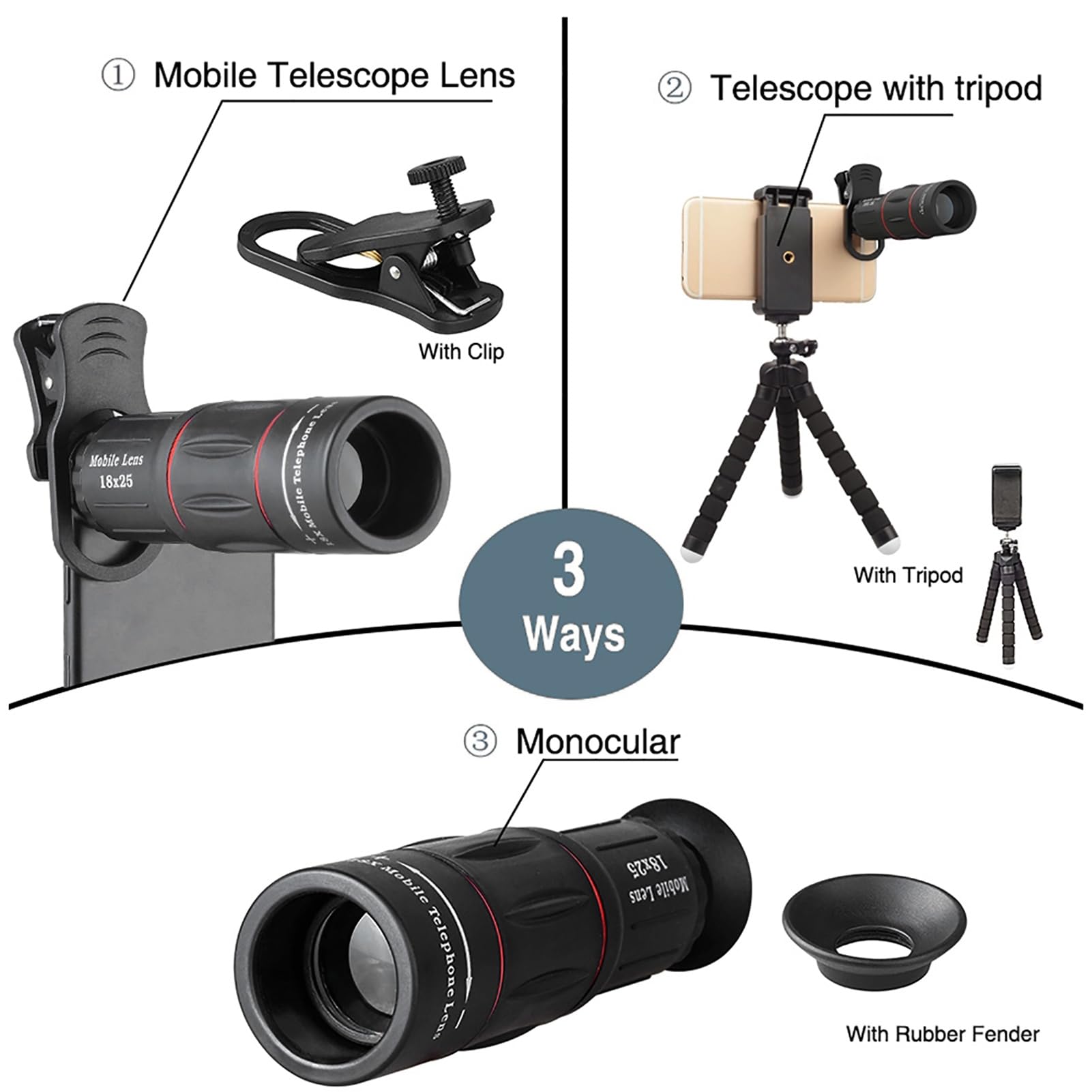 Dpofirs APL-T18XBZJ5 Teleobjetivo 4 en 1 Lente para Teléfono Móvil Kit Universal Teleobjetivo para Teléfono Móvil 18X Lente Ojo de de 198° Gran Angular 0,63X Macro 15X para Conciertos Observación