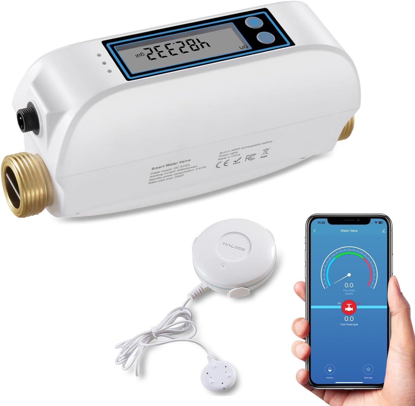 Haozee WiFi Smart Water Valve and Automatic Shutoff,Water Flow Meter,Automation Scene Works with Water Leak Detector,Built in Rechargable Battery,for DN20 3/4-Inch Diameter Pipe Haozee WiFi Smart Water Valve and Automatic Shutoff,Water Flow Meter,Automation Scene Works with Water Leak Detector,Built in Rechargable Battery,for DN20 3/4-Inch Diameter Pipe