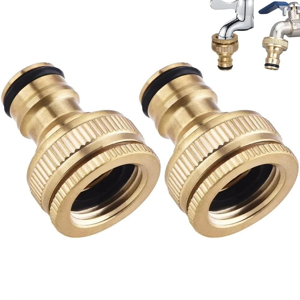 BAAQII 2 Pcs Brass Tap Connector Adaptor Universal Garden Water Hose Pipe Faucet Adapter Hose Fitting 1/2" & 3/4" Thread Outdoor