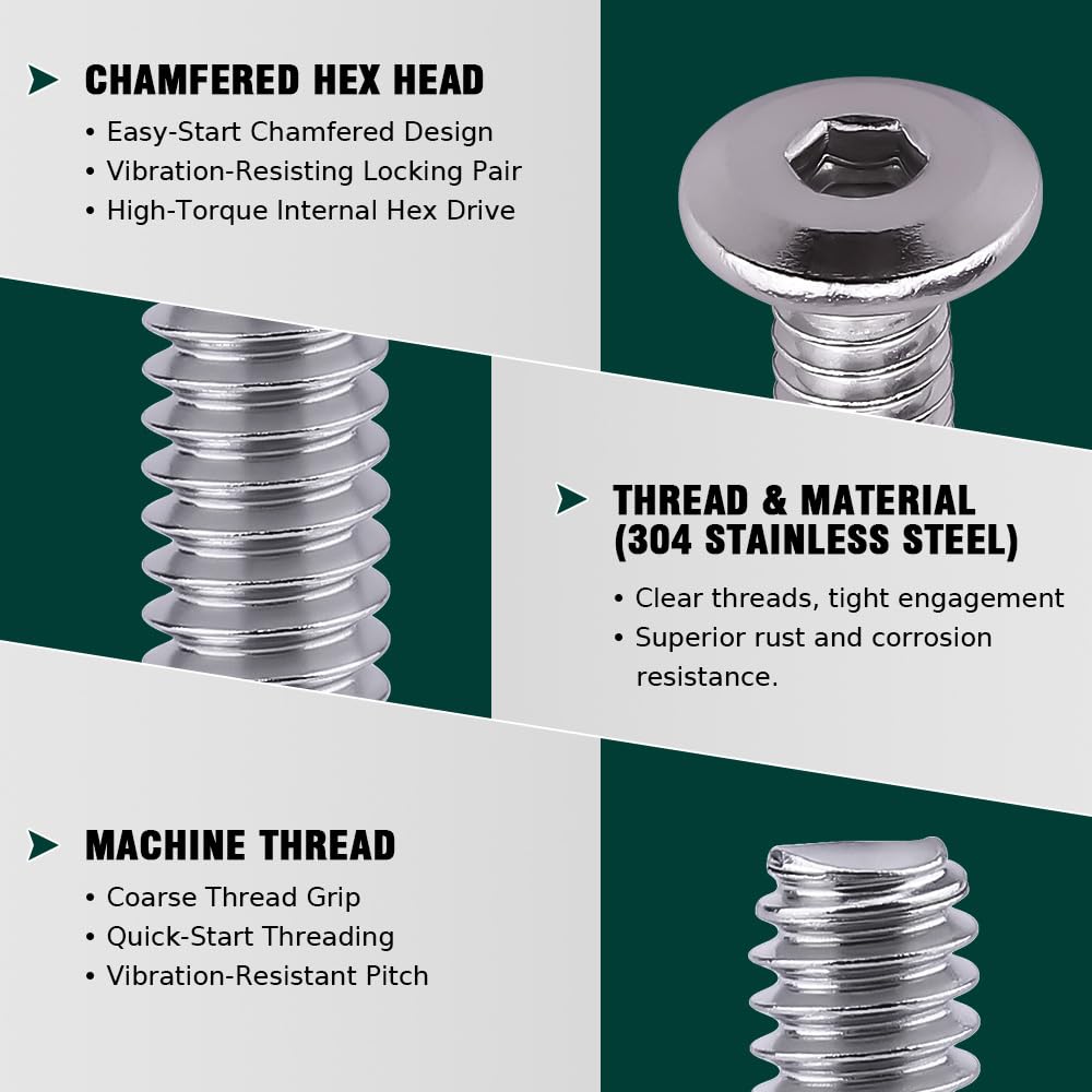 M6 x 20mm Furniture Screws Barrel Nuts Kit, 304 Stainless Steel 18-8, Binding Screws Posts for Beds Furnitures Leather Belt, Allen Hex Drive, Full Thread UNC, 20 Sets
